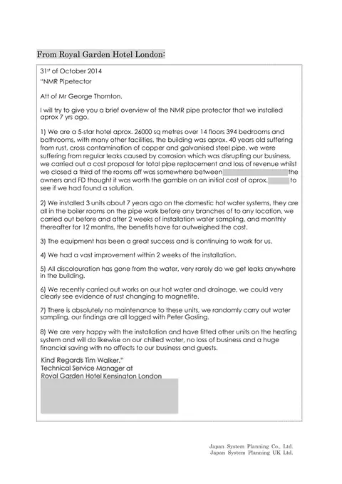 Statement by the Technical Service Manager, Royal Garden Hotel Kensington London (October 31, 2014) (page 1)