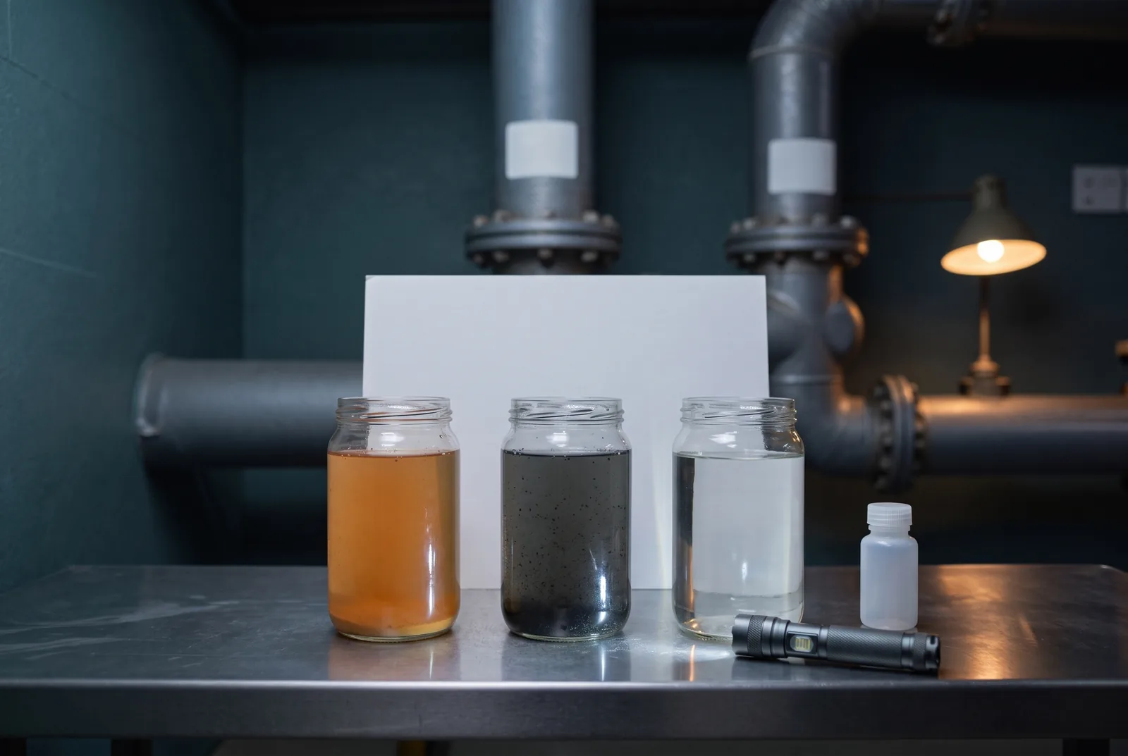 Three jars of loop water in front of a white card, reddish-brown, black and clear, with a small lab sample bottle beside the clear one.