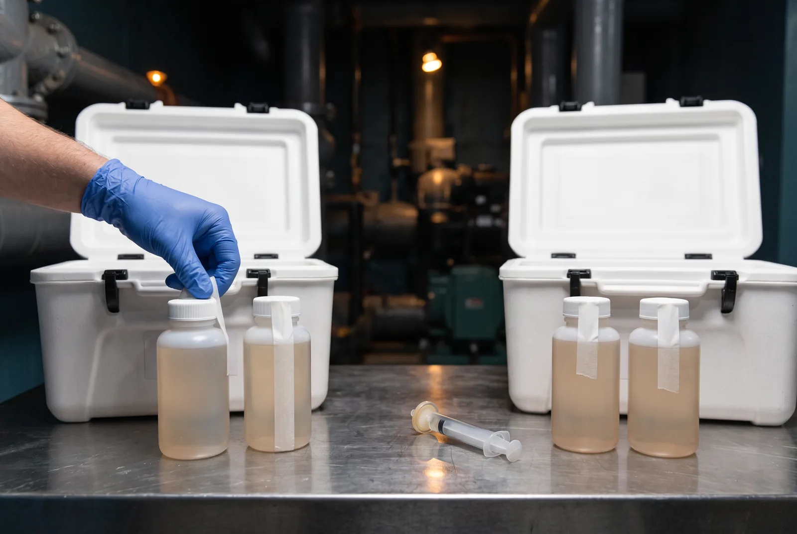 Lab sample bottles in front of open sample coolers, with a used syringe and filter on the bench.