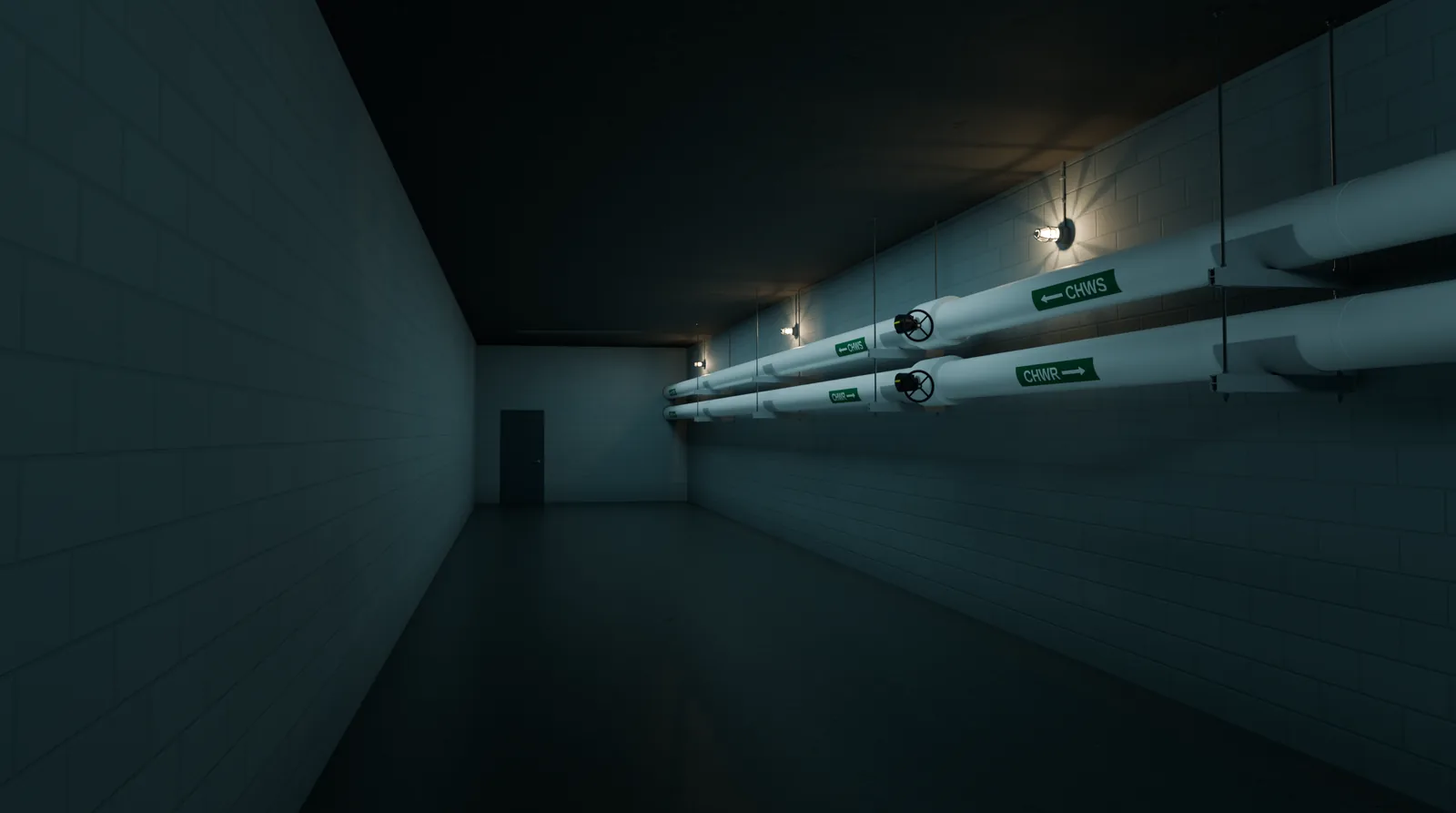 A building mechanical room with insulated pipes running along the wall.