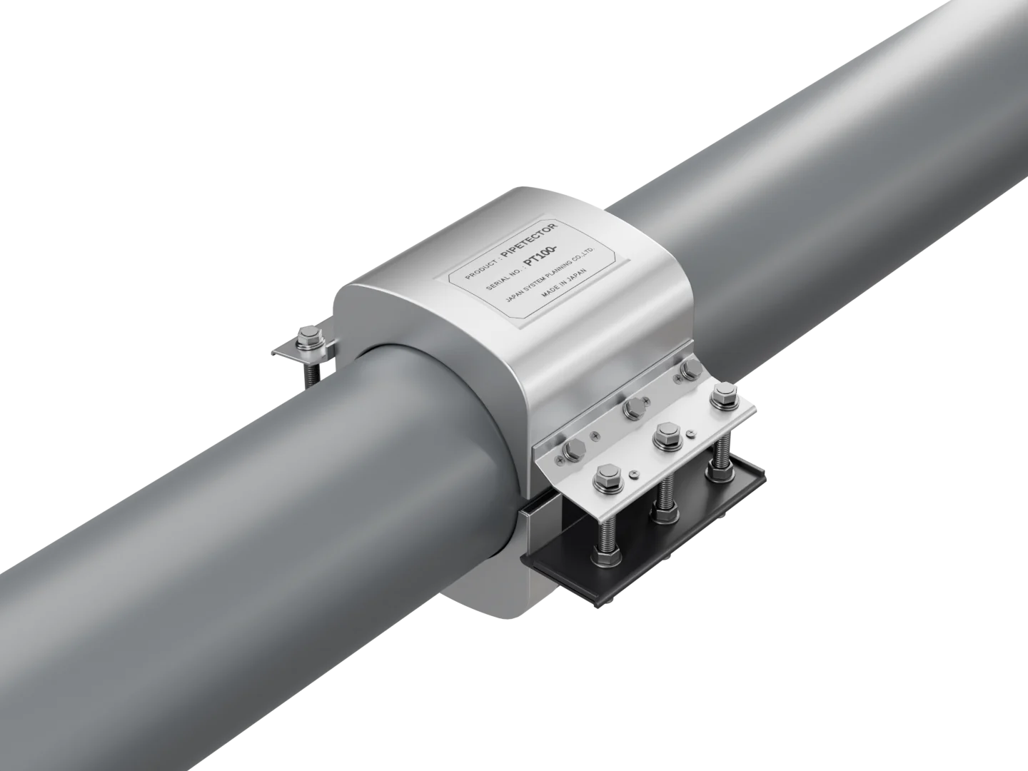 3D illustration of NMR Pipetector clamped around the outside of a pipe by its upper and lower housings.